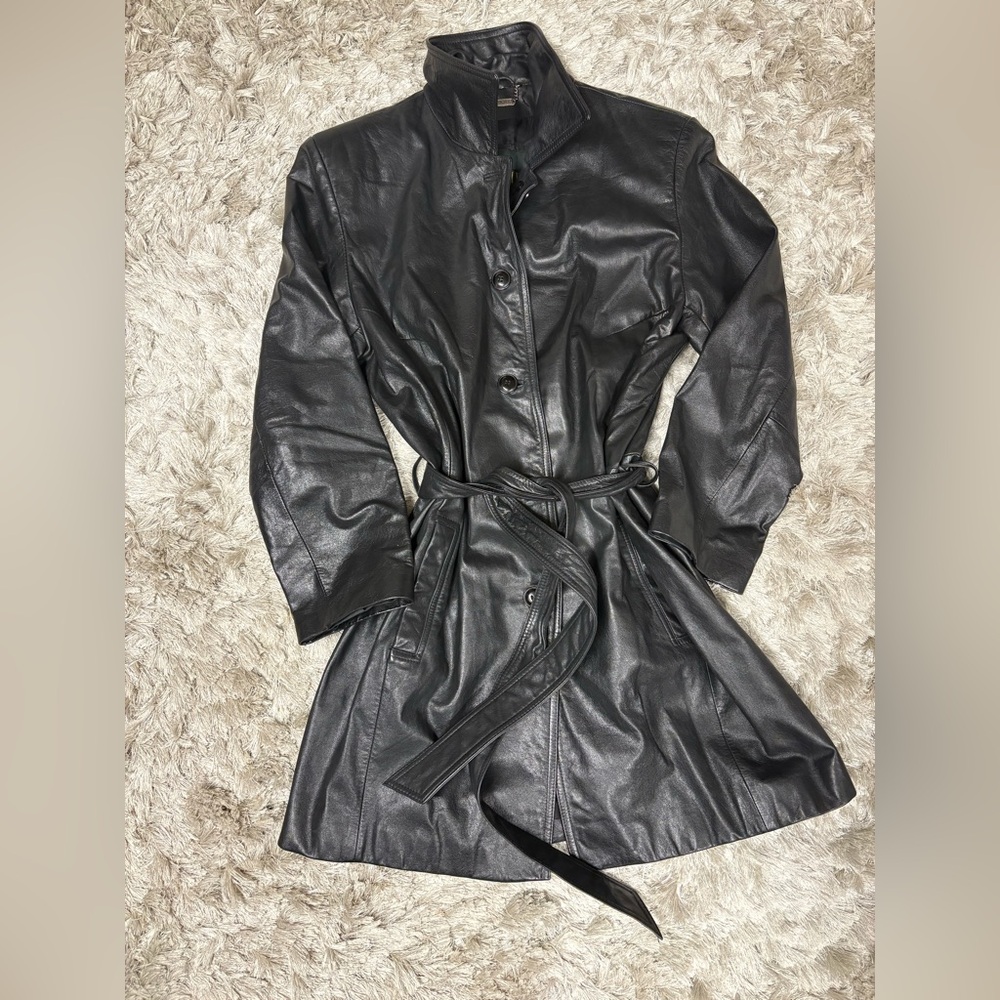 Danier Black Leather Belted Trench Jacket